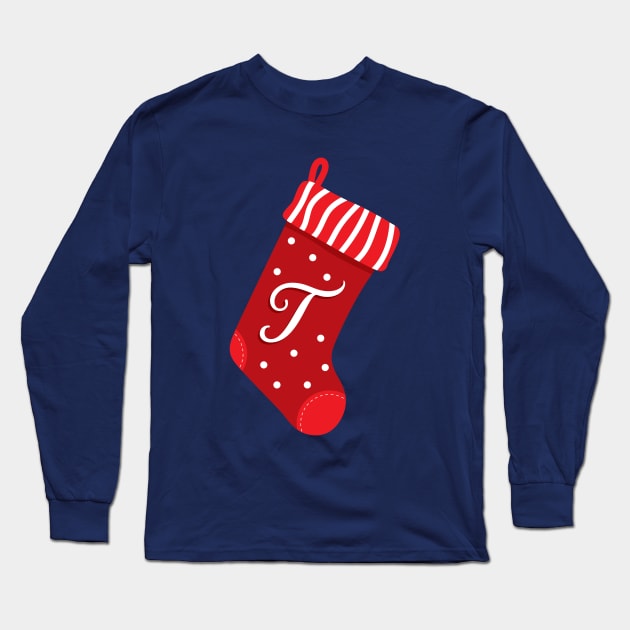 Christmas Stocking with Letter T Long Sleeve T-Shirt by VicEllisArt